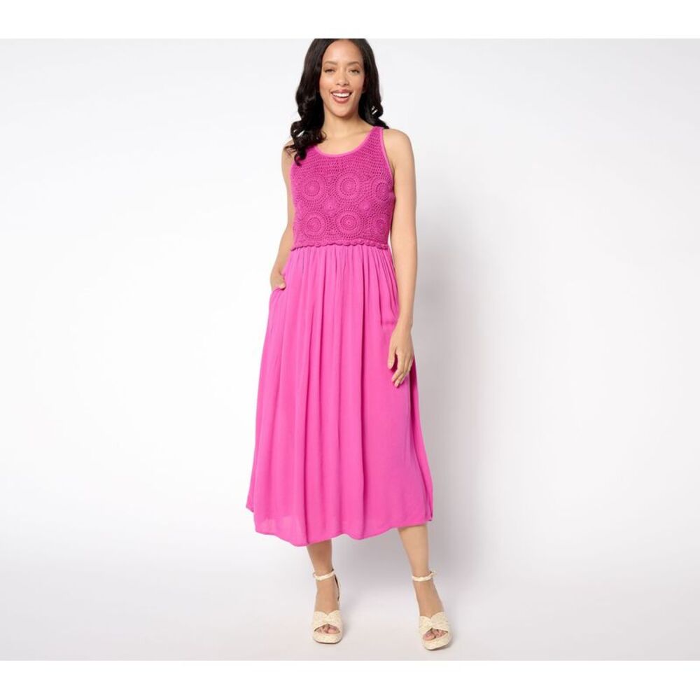 Destination 365 Women's Dress Sz M Crinkle Chiffon Crochet Maxi Pink A655226